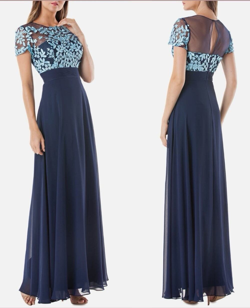 JS Collections Embroidered Floral Illusion Bodice Gown Navy Turquoise 14 Mother